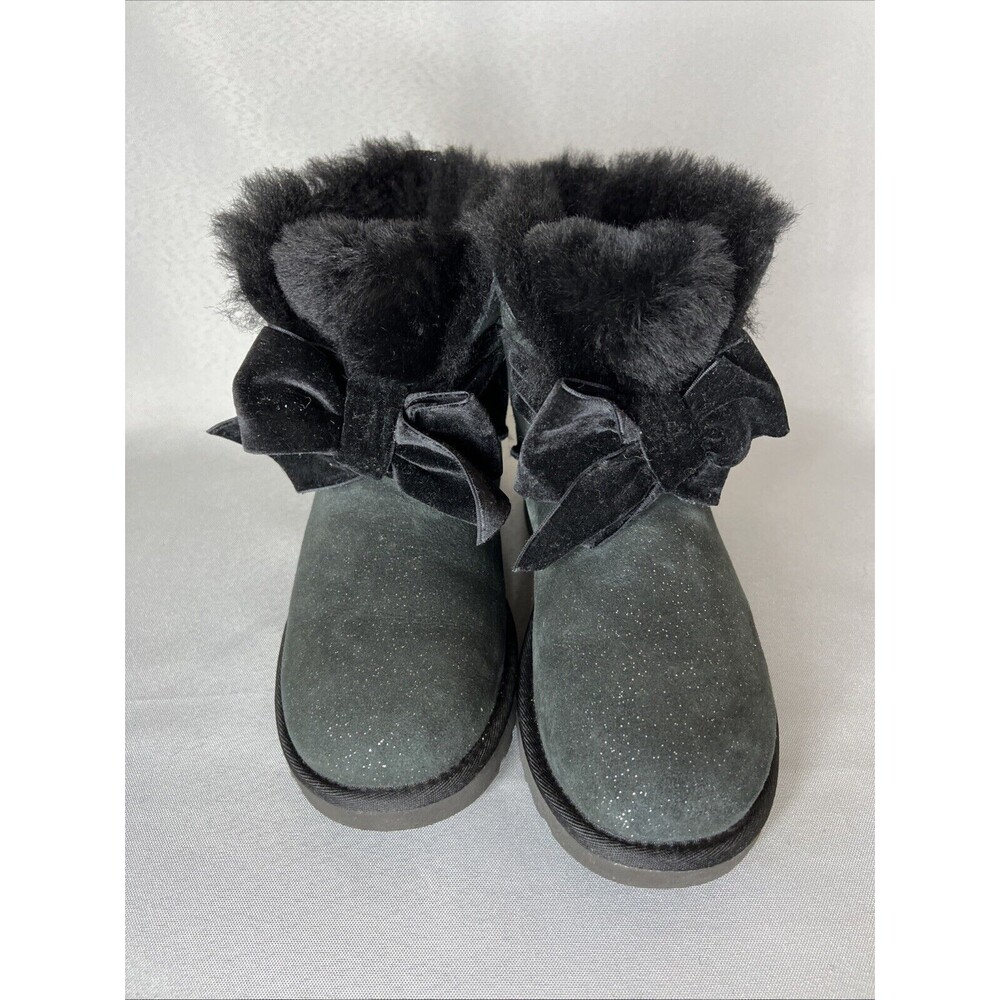 Women's Ugg Boots Sz 7 Black Gita Twinkle Bow Mini Bootie Satin Bow Glitter-like